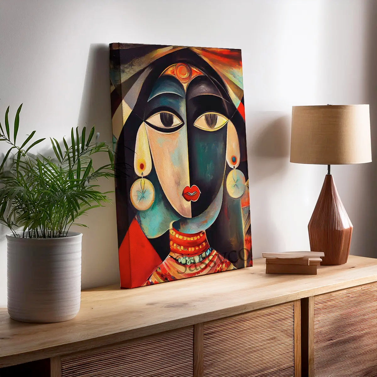 Picasso Style Indian Woman Abstract Wall Art Painting canvas print, framed print for modern living room and home decor
