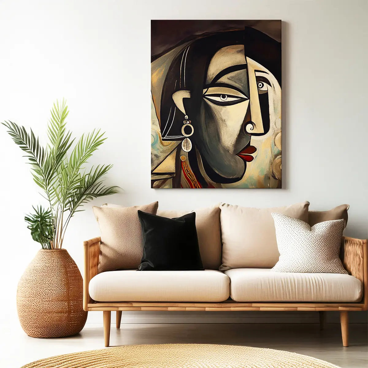 Abstract painting of a face above a beige sofa with decorative pillows, next to a plant.  Black and grey color, Picasso style modern abstract Indian woman portrait canvas wall art painting, framed art prints for modern living room, home wall art decor.