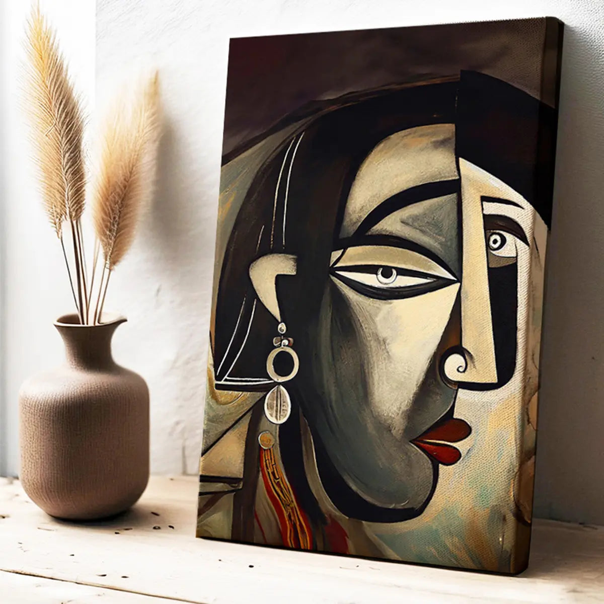 Black and grey color, Picasso style modern abstract Indian woman portrait canvas wall art painting, framed art prints for modern living room, home wall art decor.