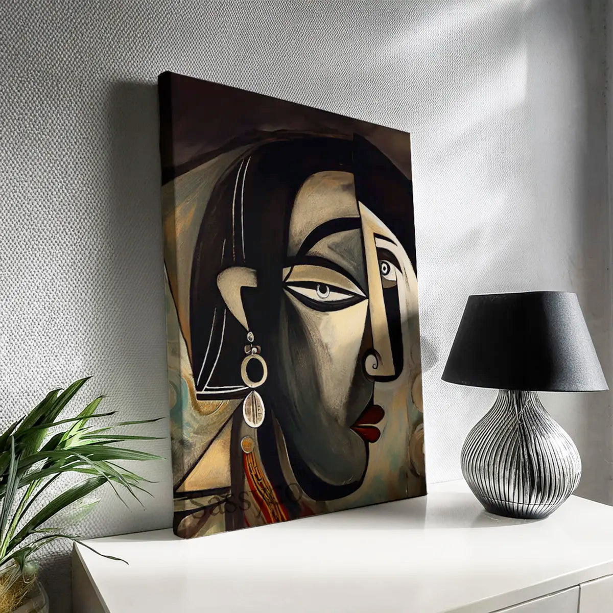 Picasso style modern abstract Indian woman wall art painting canvas print, framed prints for living room, home decor