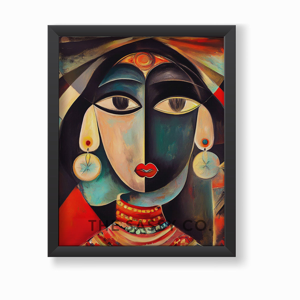 Black and blue color, Picasso style modern abstract Indian woman canvas wall art painting, framed art prints for modern living room, home wall art decor.