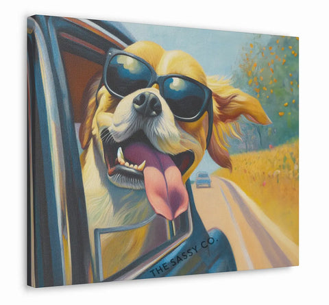 Funny dog car ride artwork wall art painting canvas print, framed print for modern living room, bedroom, home decor. Retro style art for decor. Best canvas wall painting. Buy wall art painting online India. Free Shipping across India.