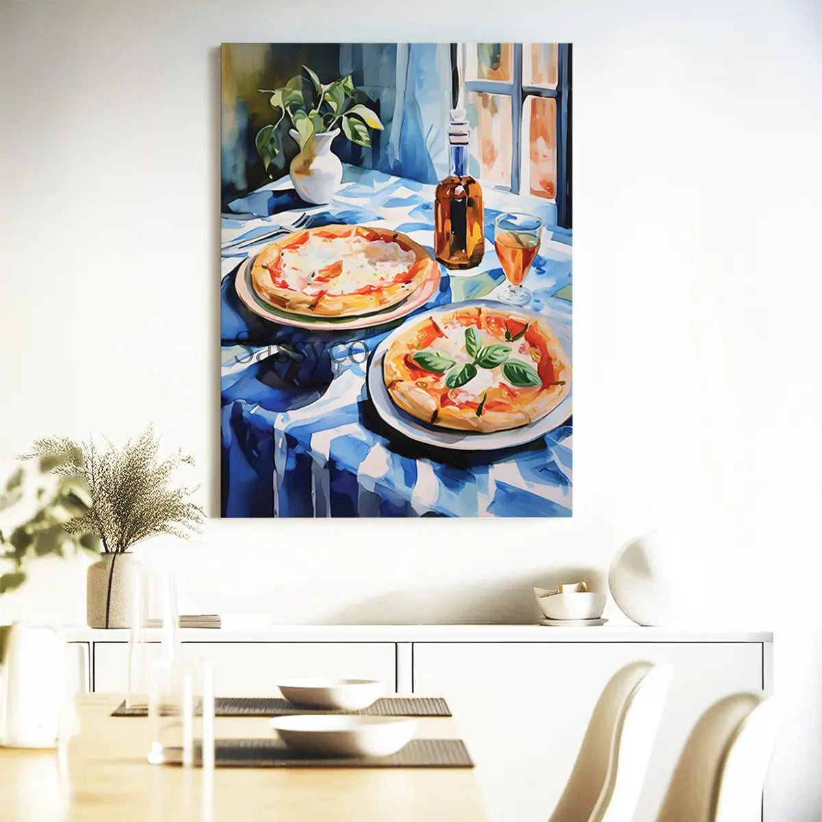 Painting of two pizzas on a table with a blue tablecloth, placed above a dining table. A blue, red watercolor wall art canvas painting print of Neapolitan pizzas on a table. Italy inspired wall art decor. Modern artistic wall painting for Kitchen, dining room wall decor. Italian style wall artwork decor.