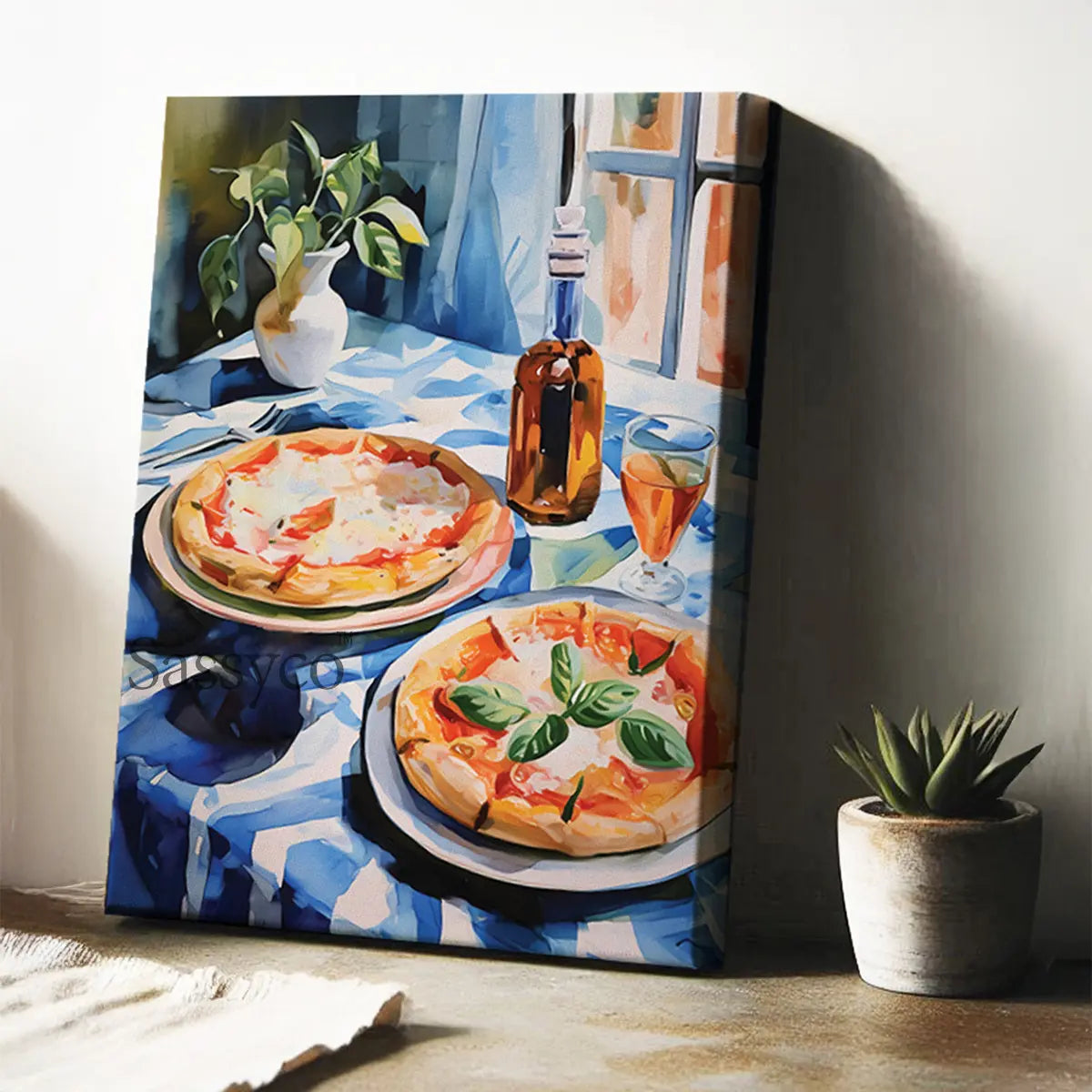 Canvas print of a table setting with pizza, wine, and glasses on a blue tablecloth. A blue, red watercolor wall art canvas painting art print of Neapolitan pizzas on a table. Italy inspired wall art decor. Modern artistic wall painting for Kitchen, dining room wall decor. Italian style wall artwork.