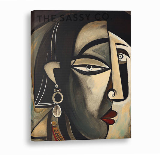 Black and grey color, Picasso style modern abstract Indian woman canvas wall art painting, framed art prints for modern living room, home wall art decor.