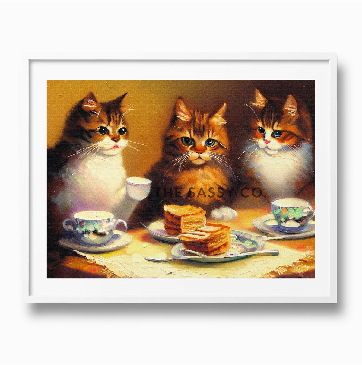 Three cats having a tea party, wall art painting for drawing room. Canvas wall art painting prints, framed art prints for bedroom, living room, home decor. Buy wall art painting online India.