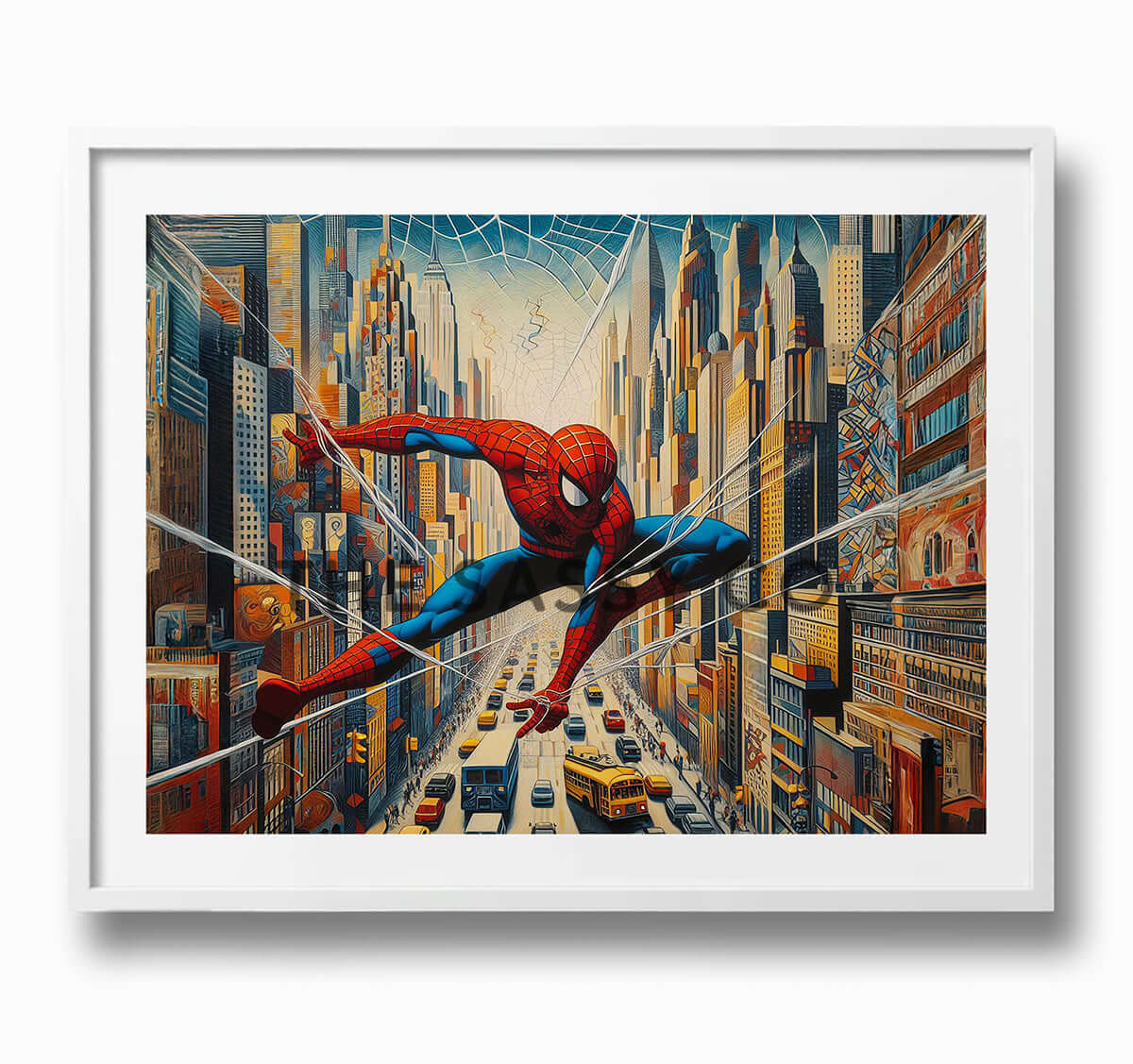 a blue, red canvas wall art painting of Spiderman in the city. Spider man superhero artwork wall art painting canvas print, framed art print for bedroom, game room wall decor, kid's room decor. Modern wall art decor for Indian homes.