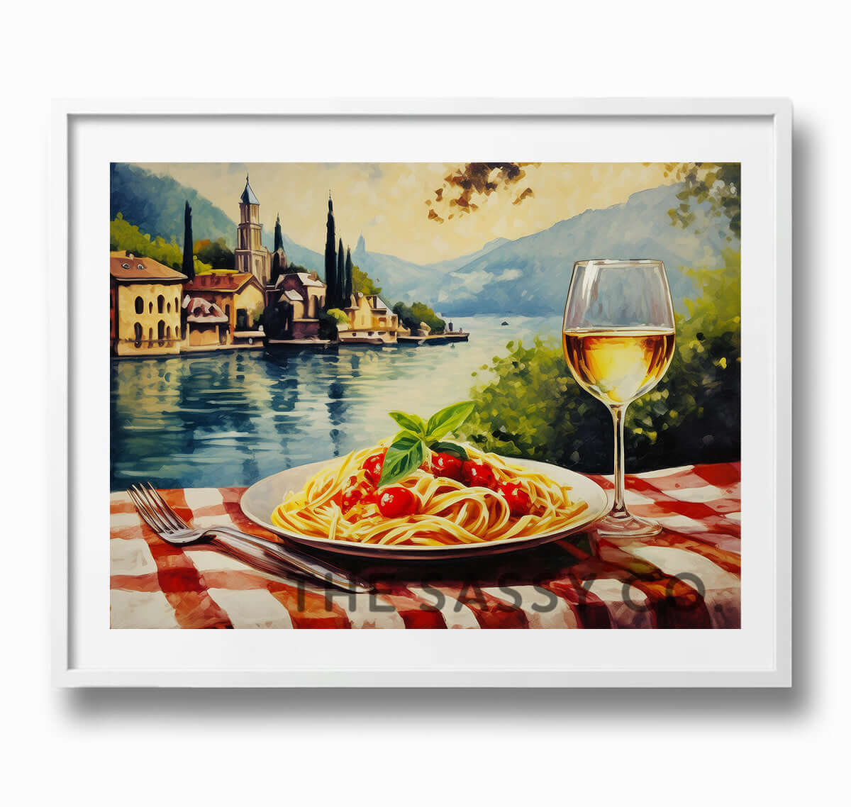 Italy style inspired, Lake Como, Spaghetti, Wine travel wall art painting canvas print, framed wall artwork print for Kitchen wall, Dining room and modern Indian home wall decor.