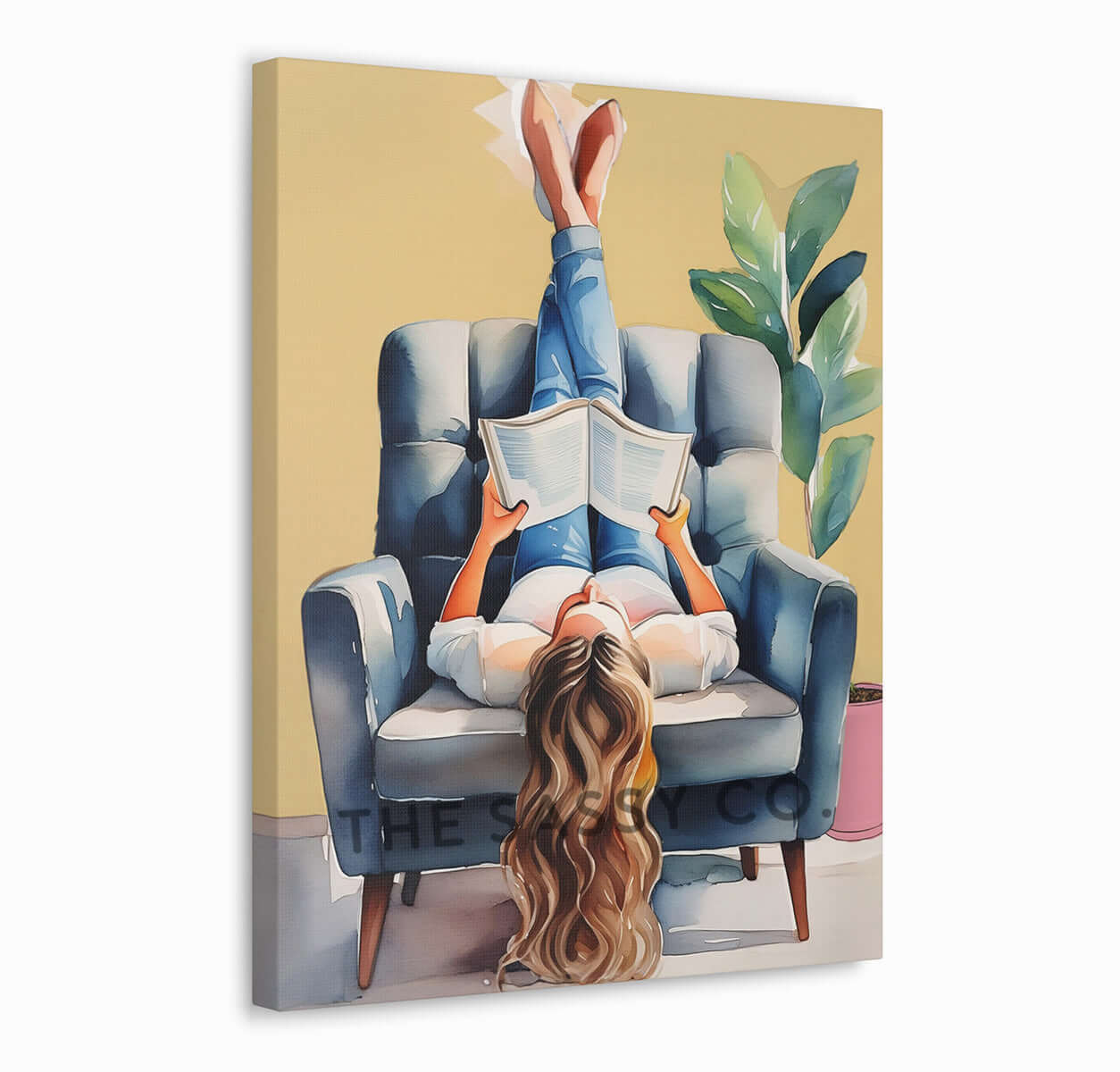 A yellow, blue boho style watercolor modern artwork of a woman reading book. Boho watercolor wall art painting canvas, framed art print for bedroom, living room, home wall decor. Boho wall decor ideas for modern Indian homes. Buy wall art painting online