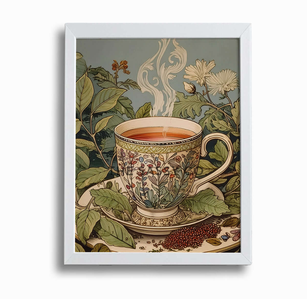 a pastel blue and green vintage style tea artwork. Tea leaves, cup wall art painting canvas, framed art print for kitchen, dining room, home wall decor. Buy modern wall art paintings online India.