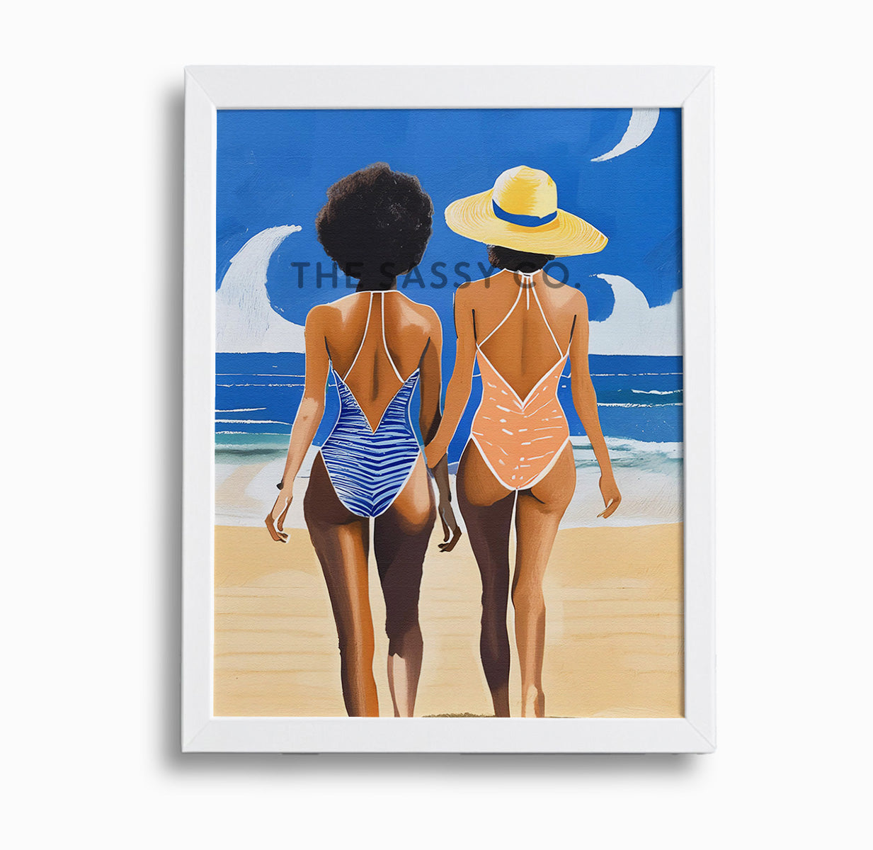 Boho Style women at the beach wall art painting canvas print, framed print for bedroom, living room, home decor
