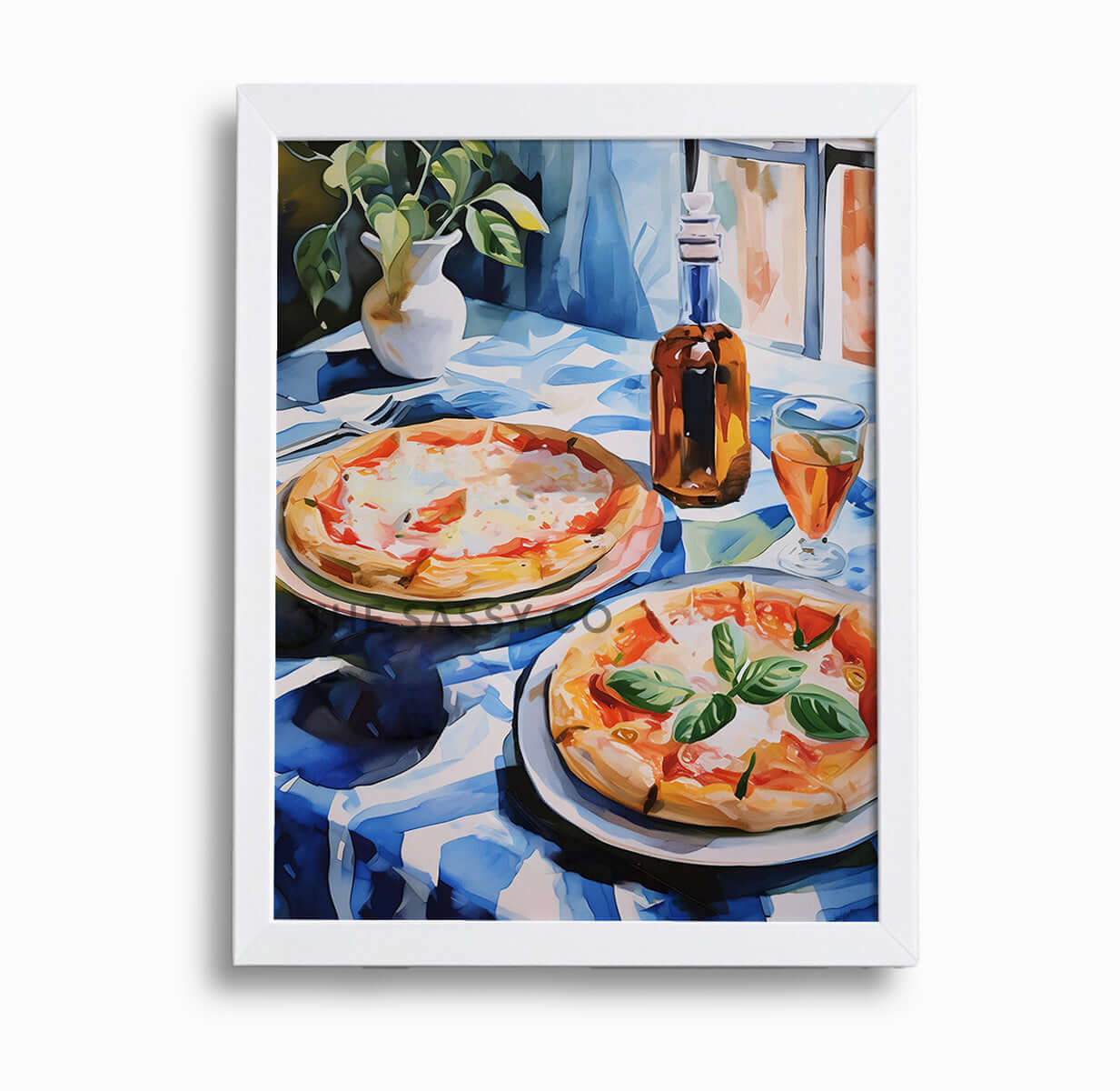 A blue, red watercolor wall art canvas painting print of Neapolitan pizzas on a table. Italy inspired wall art decor. Modern artistic wall painting for Kitchen, dining room wall decor. Italian style wall artwork.