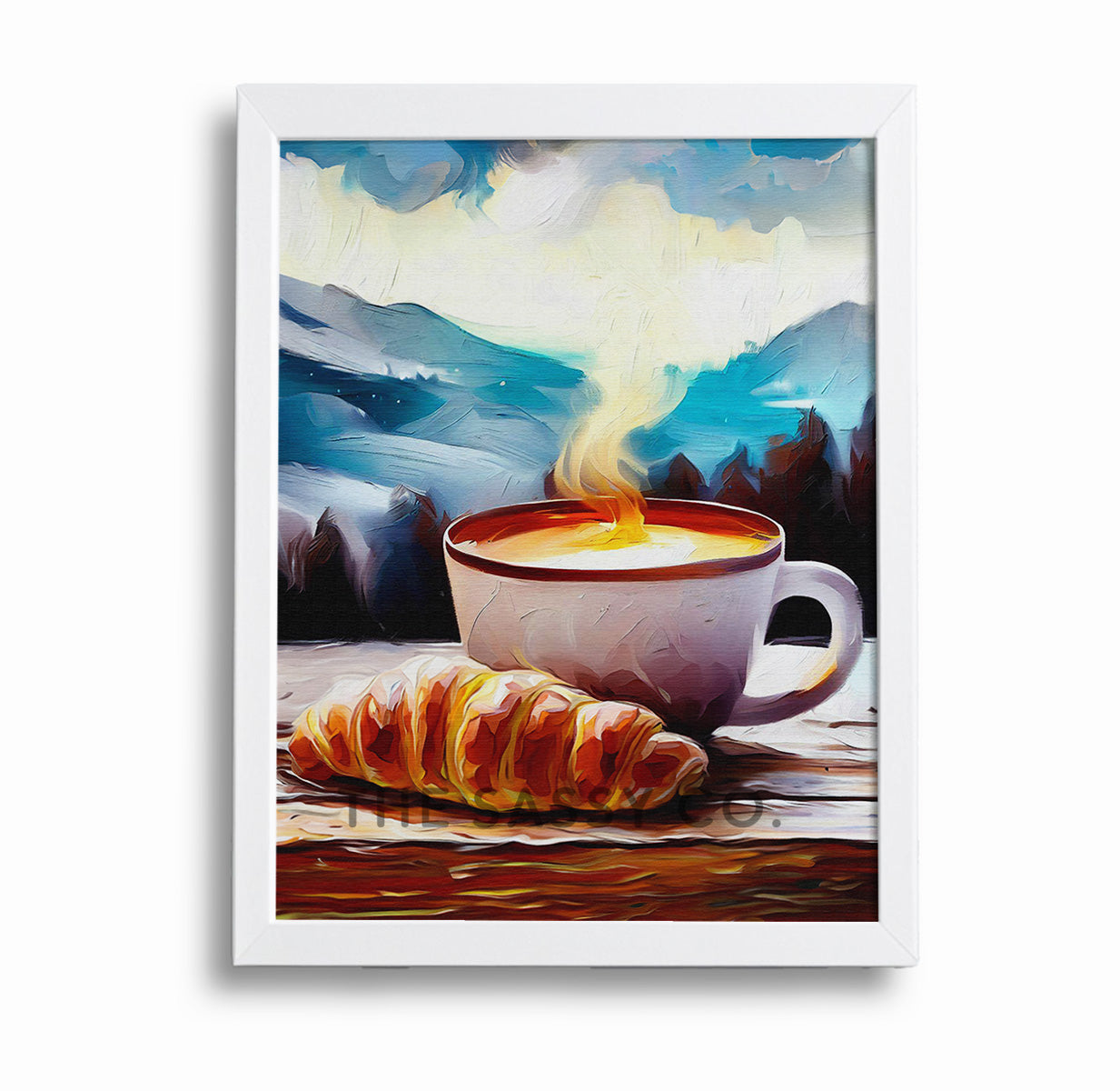 Coffee Croissant against a backdrop of mountains, cold winter, Cafe Style Wall art painting, canvas & framed print for Kitchen, Dining, home decor
