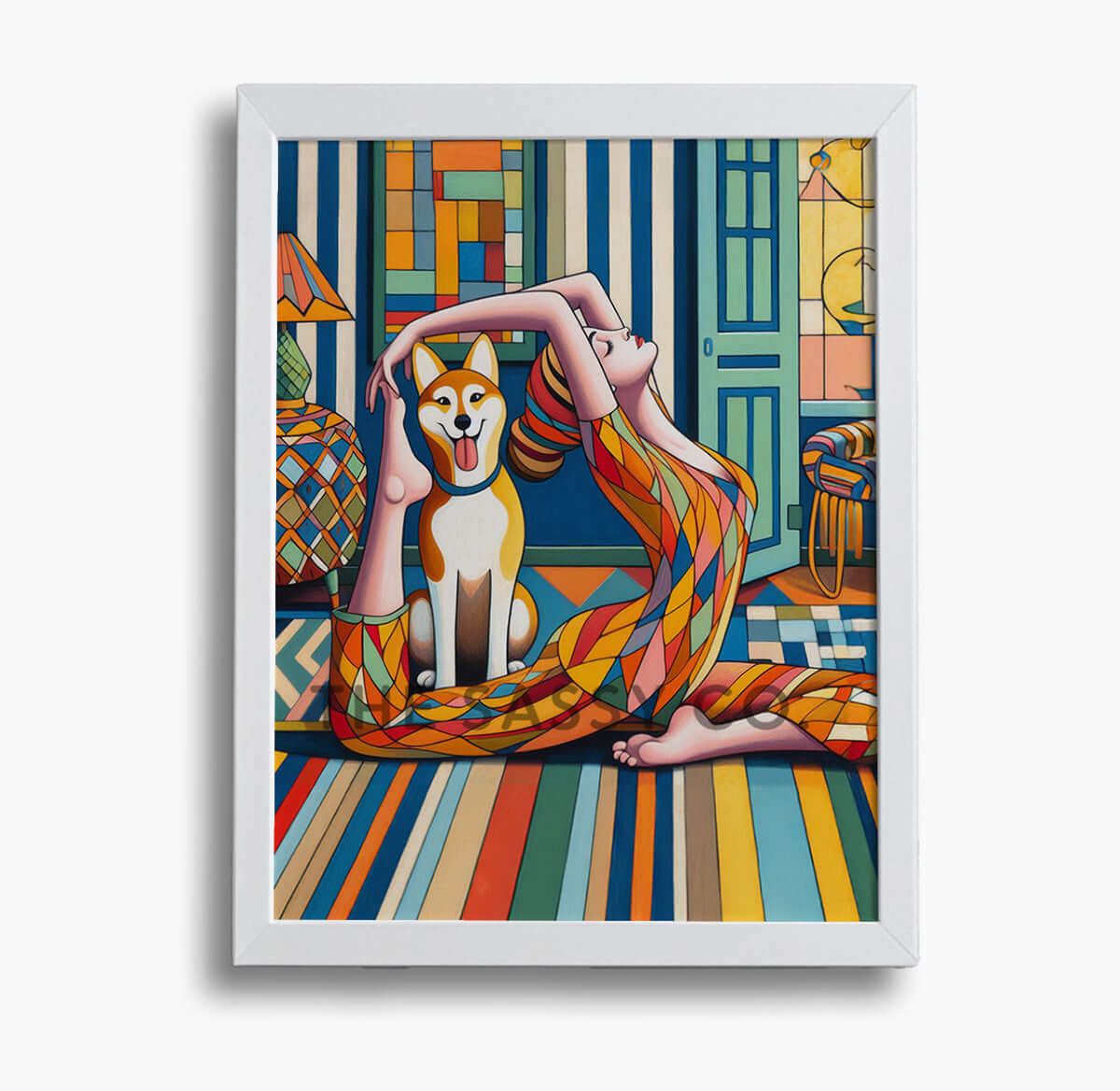 Modern colorful artwork of a woman doing yoga and a happy pet dog. Colorful wall art painting canvas & framed art print for bedroom wall, living room, modern Indian home decor. Ready-to-hang wall art decor. Buy wall art painting online India.