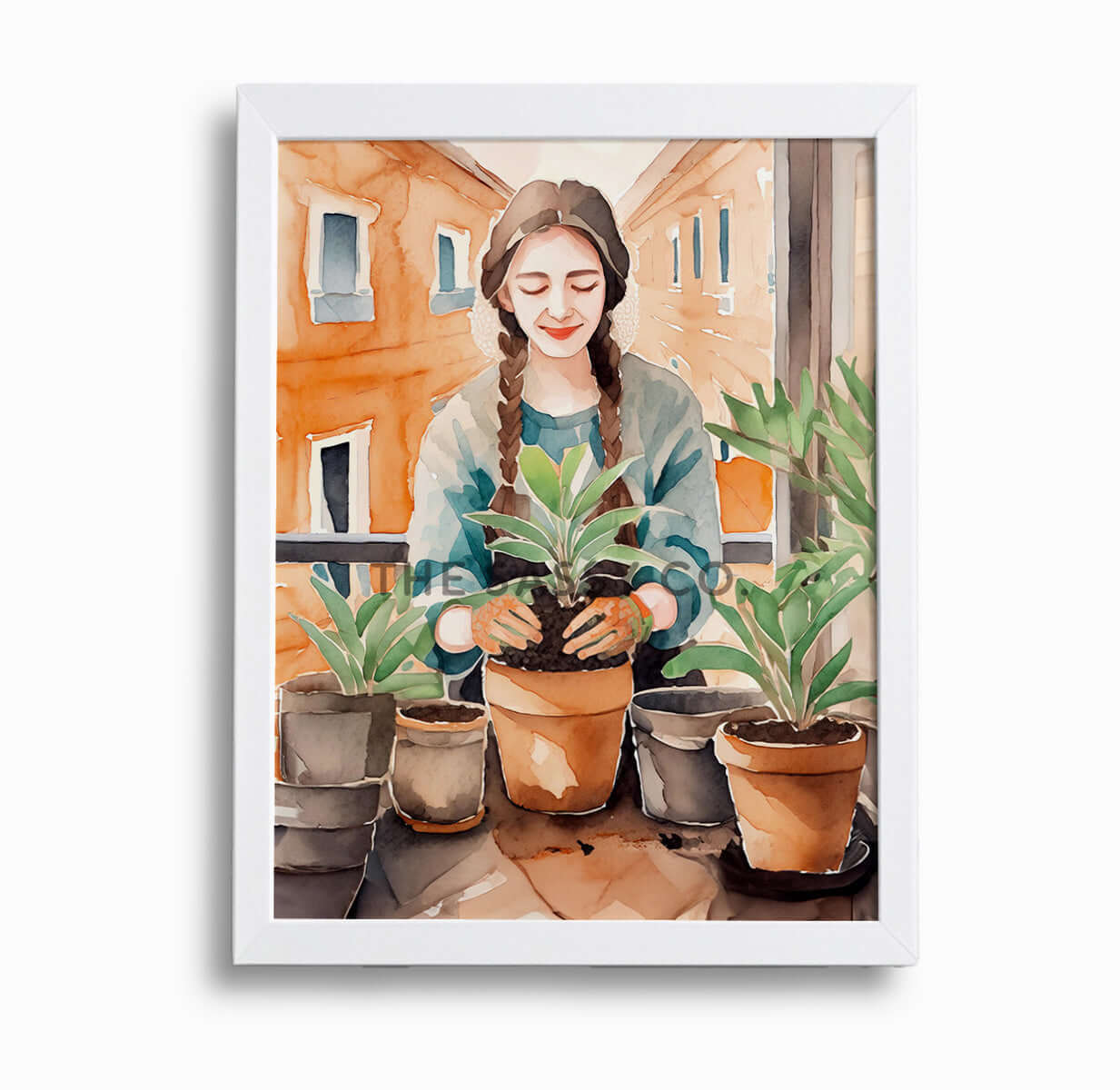 An orange, green boho watercolor artwork of a woman gardening. Boho watercolor style wall art painting canvas, framed art print for bedroom, living room, home wall decor. Boho wall decor ideas for modern Indian homes. Buy wall art painting online