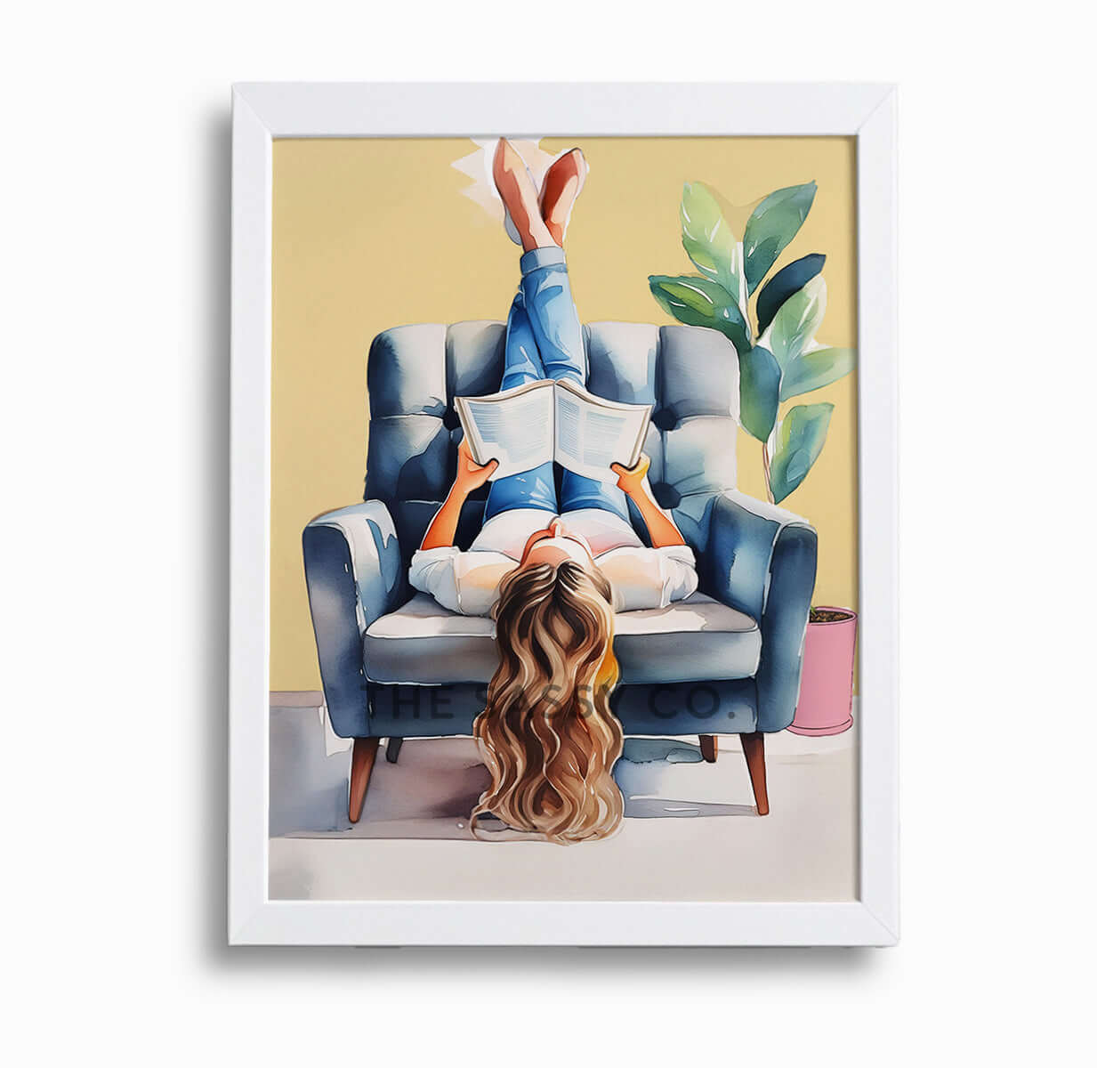 A yellow, blue boho style watercolor modern artwork of a woman reading book. Boho watercolor wall art painting canvas, framed art print for bedroom, living room, home wall decor. Boho wall decor ideas for modern Indian homes. Buy wall art painting online