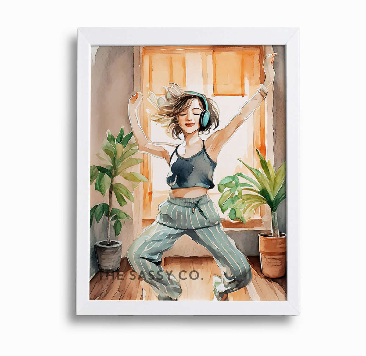 an orange, brown, green boho style watercolor modern Woman dancing with headphones, wall art painting canvas gallery wrap, framed artwork print for bedroom wall and modern Indian home boho wall art decor