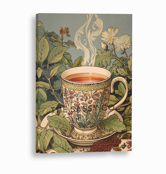 a pastel blue and green vintage style tea artwork. Tea leaves, cup wall art painting canvas, framed art print for kitchen, dining room, home wall decor. Buy modern wall art paintings online India.