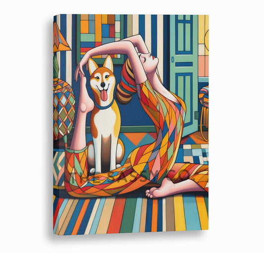 Modern colorful artwork of a woman doing yoga and a happy pet dog. Colorful wall art painting canvas & framed art print for bedroom wall, living room, modern Indian home decor. Ready-to-hang wall art decor. Buy wall art painting online India.