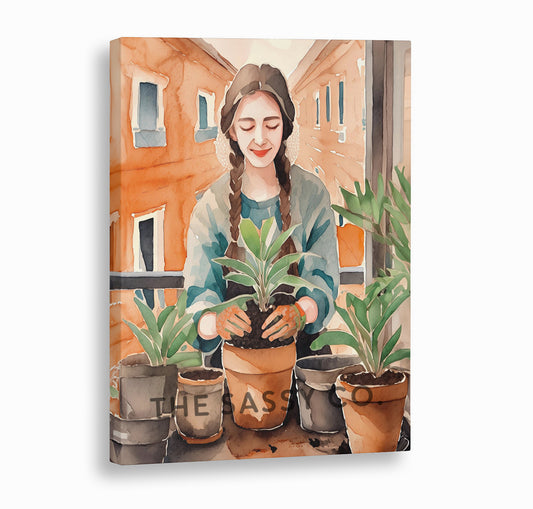 An orange, green boho watercolor artwork of a woman gardening. Boho watercolor style wall art painting canvas, framed art print for bedroom, living room, home wall decor. Boho wall decor ideas for modern Indian homes. Buy wall art painting online