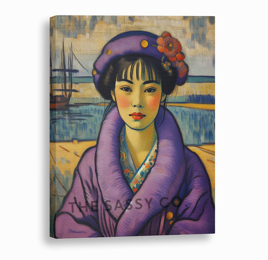 Vintage style Japanese woman purple wall art painting canvas & framed print for living room and home decor