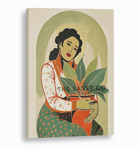 Boho style Woman with Plant Sage green wall art painting canvas print, framed print for bedroom, living room, home decor