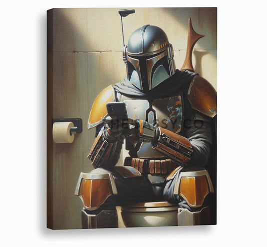 Star Wars inspired, Funny Mandalorian bathroom wall art print painting canvas poster, framed print for bathroom wall decor. The Mandalorian sitting on the WC toilet using his phone.