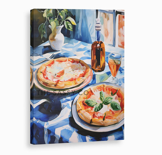 A blue, red watercolor wall art canvas painting print of Neapolitan pizzas on a table. Italy inspired wall art decor. Modern artistic wall painting for Kitchen, dining room wall decor. Italian style wall artwork.
