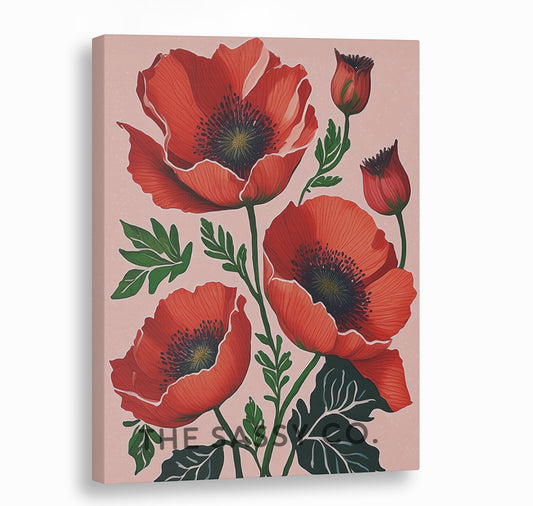 Minimalist Pink Poppy Flower Floral Botanical Wall Art Painting, Canvas Print, Framed print for bedroom, living room, home decor