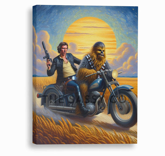 Funny Star Wars Han Solo and Chewbacca wall art painting canvas print, framed prints for Bedroom, living room, game room and home office wall decor. Chewie and Han Solo riding a motorcycle canvas wall art painting poster print for Star wars fans, nerdy, geeky cafe decor, restaurant wall art decor. Star wars themed wall decor.