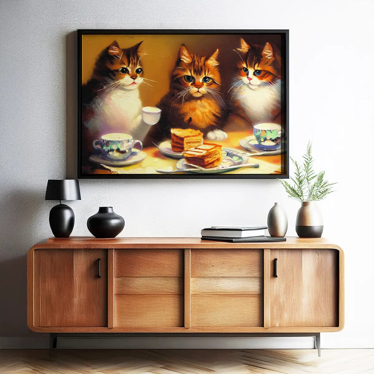 Three cats having a tea party, wall art painting for drawing room. Canvas wall art painting prints, framed art prints for bedroom, living room, home decor. Buy wall art painting online India.