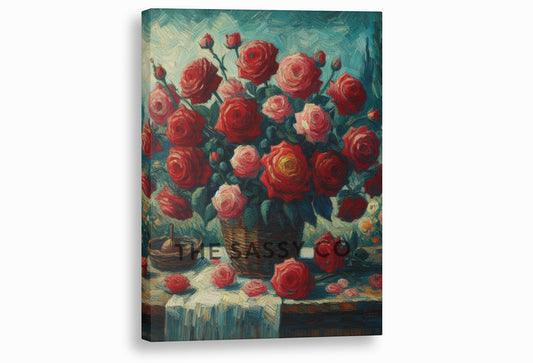 Vintage style Red pink Roses flowers floral botanical oil paint style canvas wall art painting & framed canvas art print for bedroom, living room and modern home decor. Van Gogh Style wall art decor.