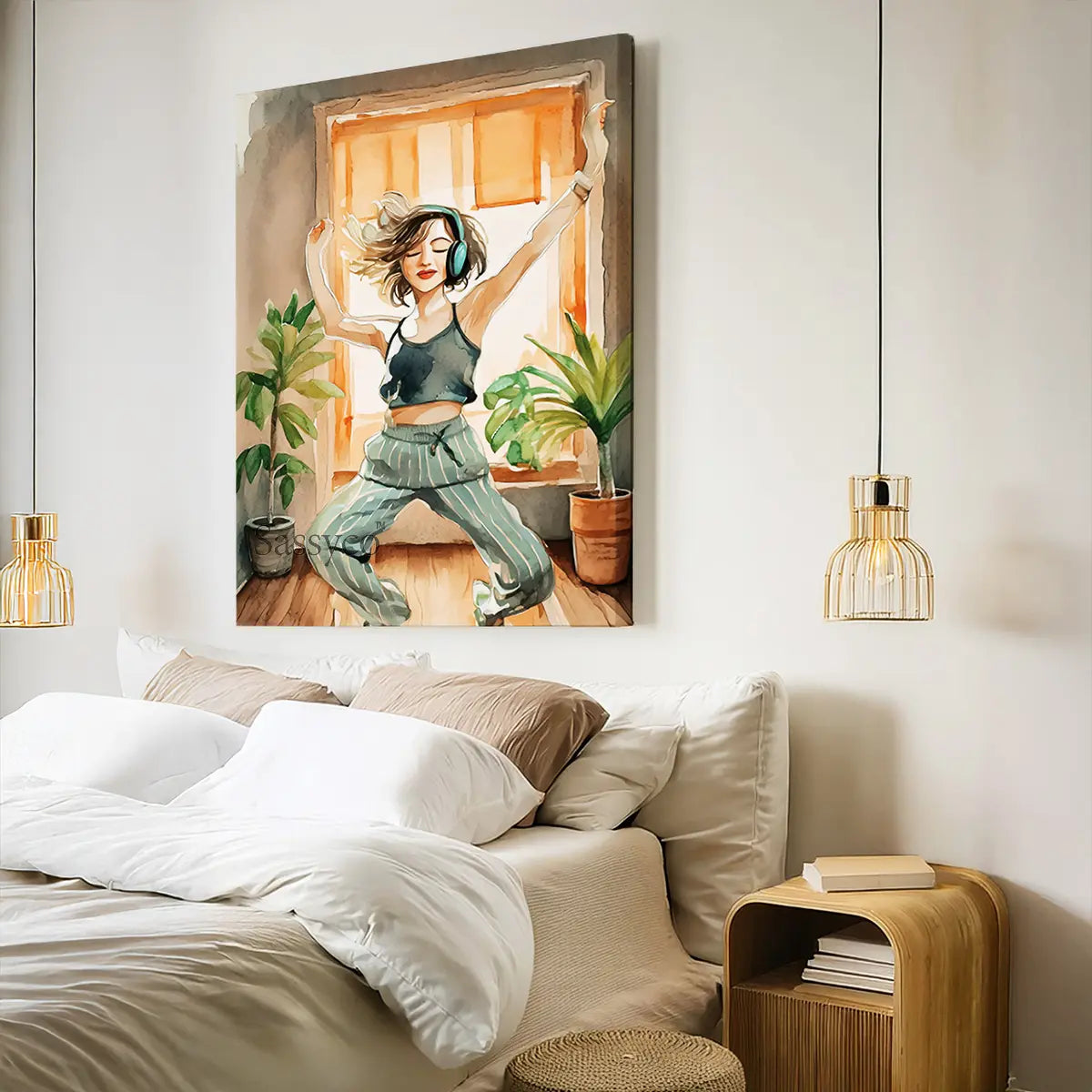 an orange, brown, green boho style watercolor modern Woman dancing with headphones, wall art painting canvas gallery wrap, framed artwork print for bedroom wall and modern Indian home boho wall art decor