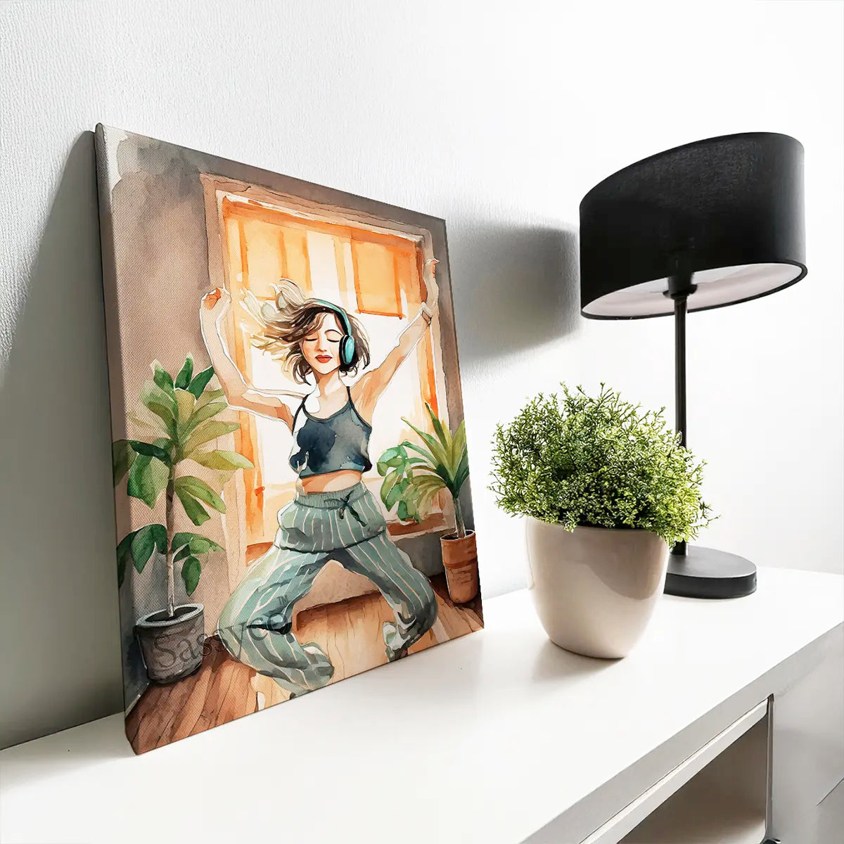 an orange, brown, green boho style watercolor modern Woman dancing with headphones, wall art painting canvas gallery wrap, framed artwork print for bedroom wall and modern Indian home boho wall art decor