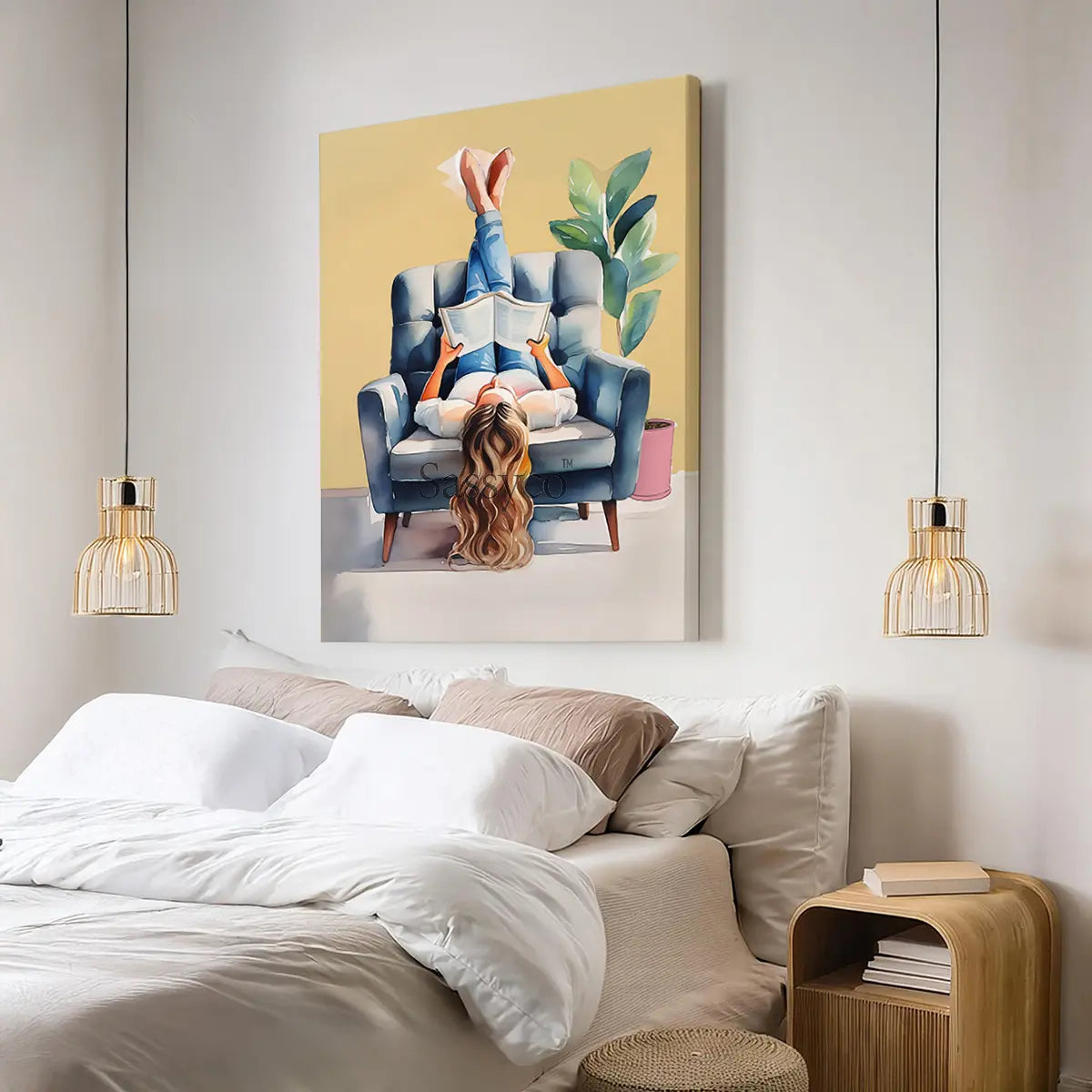A yellow, blue boho style watercolor modern artwork of a woman reading book. Boho watercolor wall art painting canvas, framed art print for bedroom, living room, home wall decor. Boho wall decor ideas for modern Indian homes. Buy wall art painting online