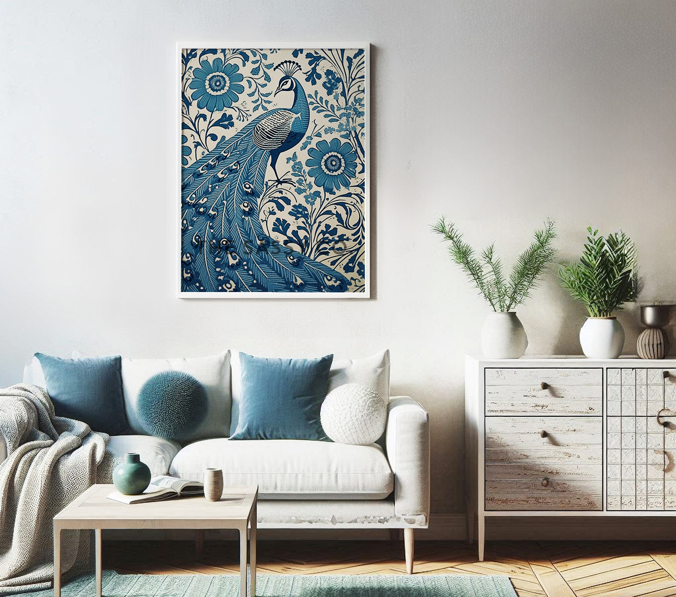 Rustic Floral Peacock Blue Paisley Wall Art Painting Canvas Print, Framed Print for bedroom, living room, home decor