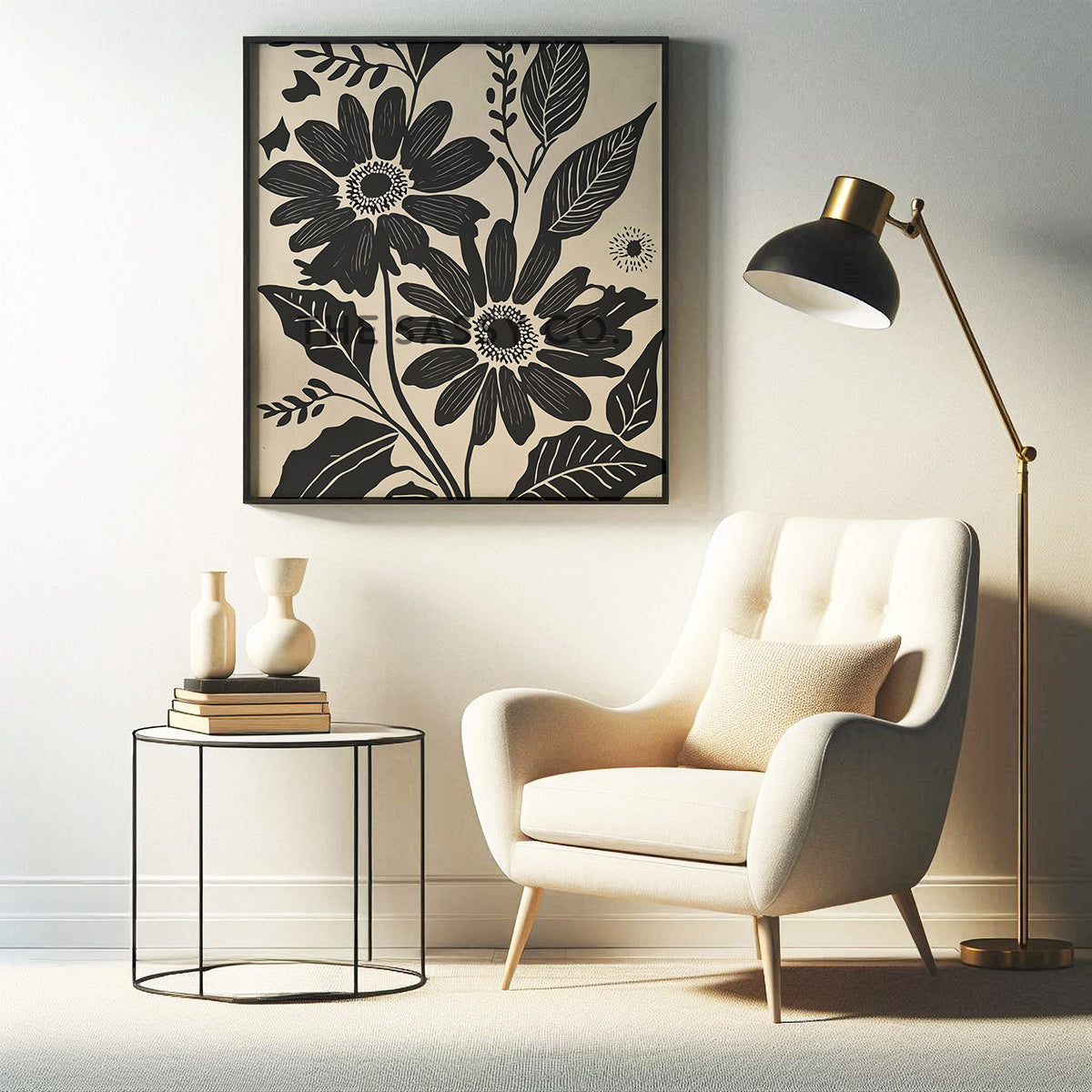 Minimalist Floral black daisy wall art painting canvas prints, framed prints bedroom, living room, home decor