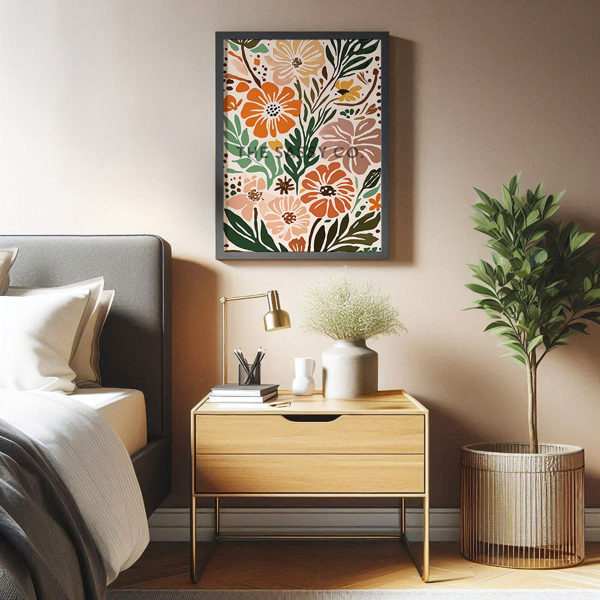 Boho style modern abstract colorful floral flowers wall art painting canvas gallery wrap and black framed artwork art print for bedroom wall and modern Indian home boho wall art decor.