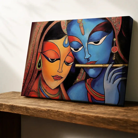 Radha Krishna wall art canvas painting gallery wrap– modern Indian painting of divine lovers Radha and god Krishna in vibrant tones, symbolizing love, devotion, and harmony; spiritual wall art décor for living room or bedroom.