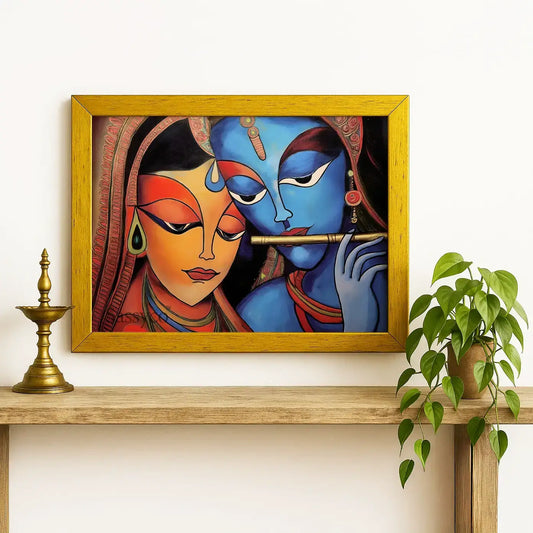 Radha Krishna wall art canvas painting gold frame– modern Indian painting of divine lovers Radha and god Krishna in vibrant tones, symbolizing love, devotion, and harmony; spiritual wall art décor for living room or bedroom.