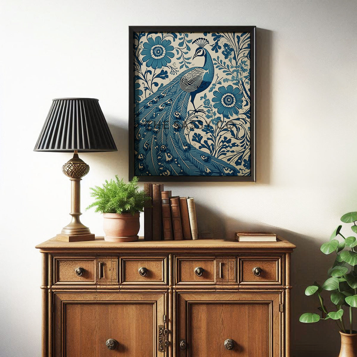 Rustic Floral Peacock Blue Paisley Wall Art Painting Canvas Print, Framed Print for bedroom, living room, home decor