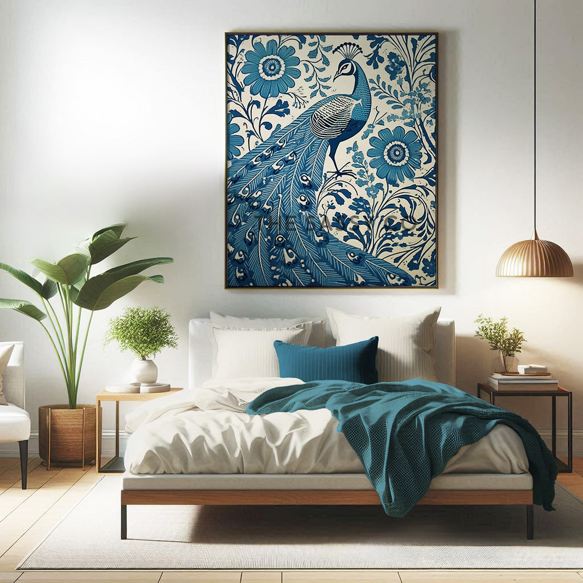 Rustic Floral Peacock Blue Paisley Wall Art Painting Canvas Print, Framed Print for bedroom, living room, home decor