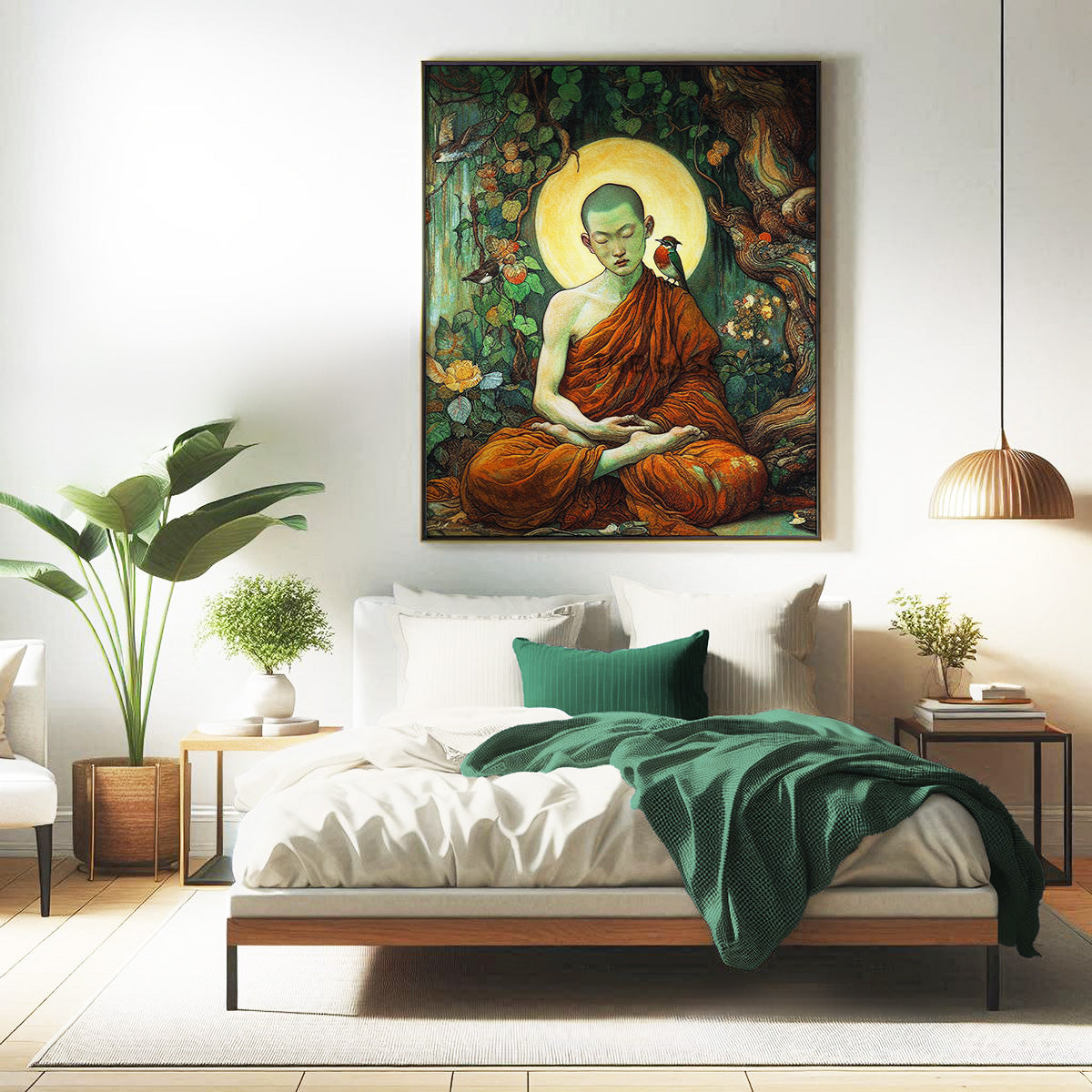 Buddhist monk meditating wall art painting canvas print, framed print for living room, bedroom, home