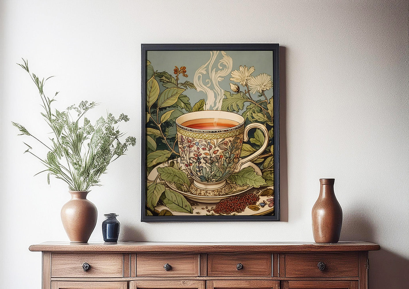 a pastel blue and green vintage style tea artwork. Tea leaves, cup wall art painting canvas, framed art print for kitchen, dining room, home wall decor. Buy modern wall art paintings online India.