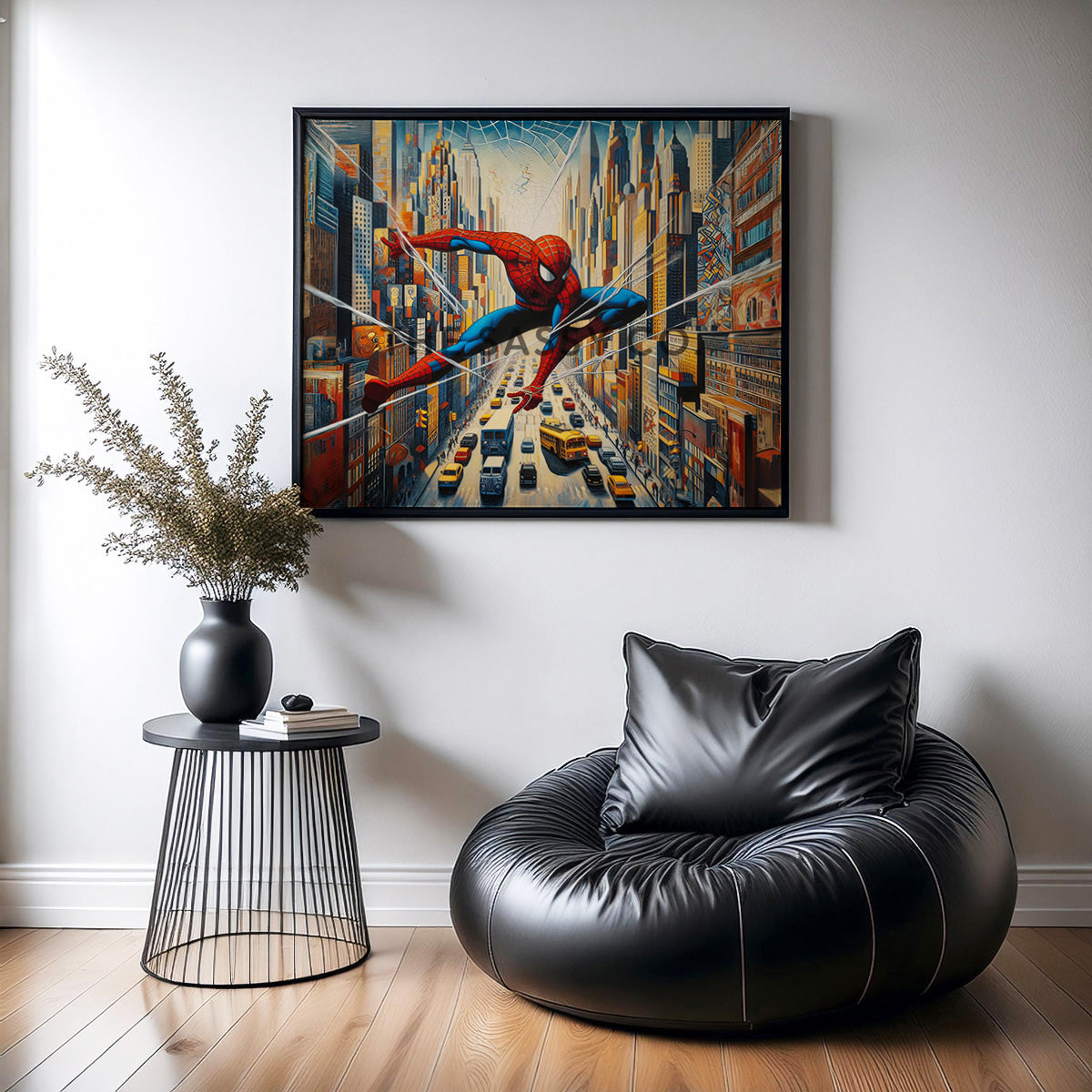 a blue, red canvas wall art painting of Spiderman in the city. Spider man superhero artwork wall art painting canvas print, framed art print for bedroom, game room wall decor, kid's room decor. Modern wall art decor for Indian homes.
