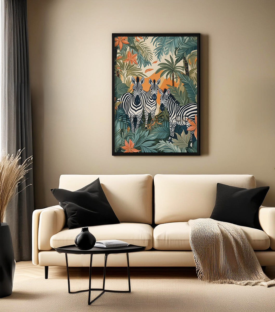 Tropical zebras, animal wall art painting canvas & framed print for bedroom, living room, home decor