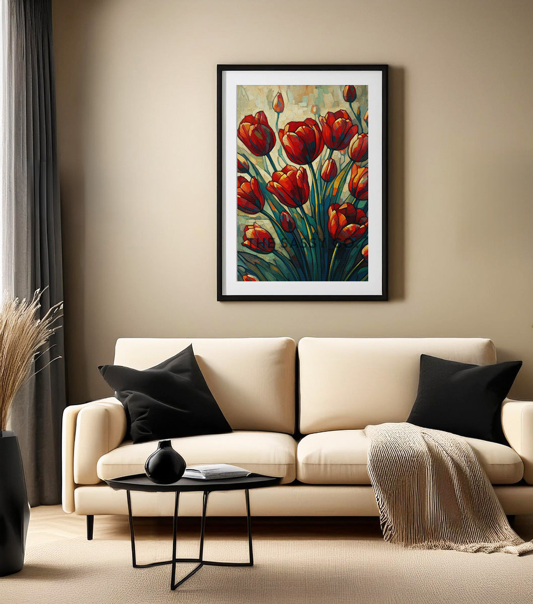 Floral red Tulips wall art painting canvas prints, framed prints bedroom wall, living room, home decor