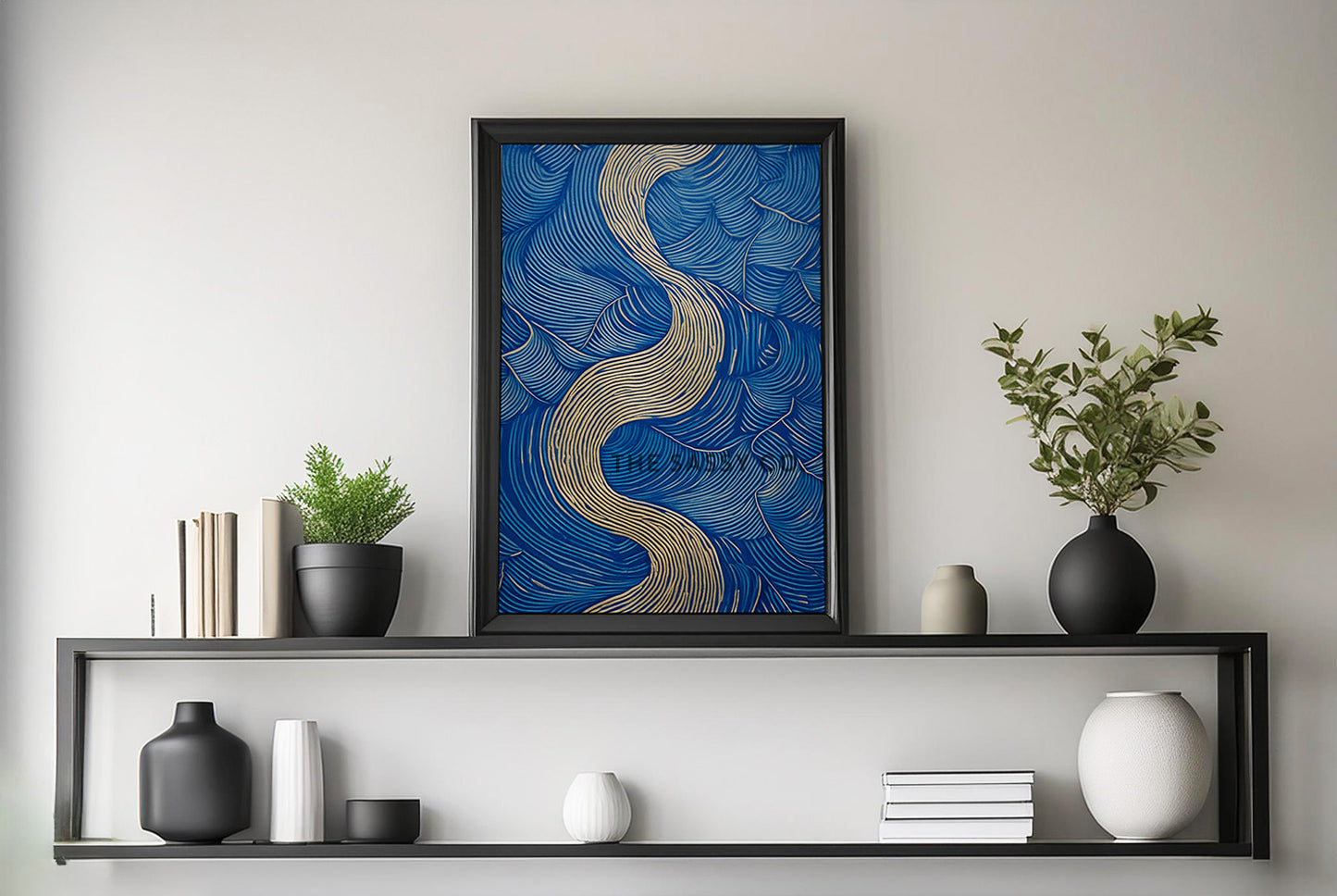 Nature inspired, blue river abstract wall art painting canvas & framed print for bedroom, living room, home decor