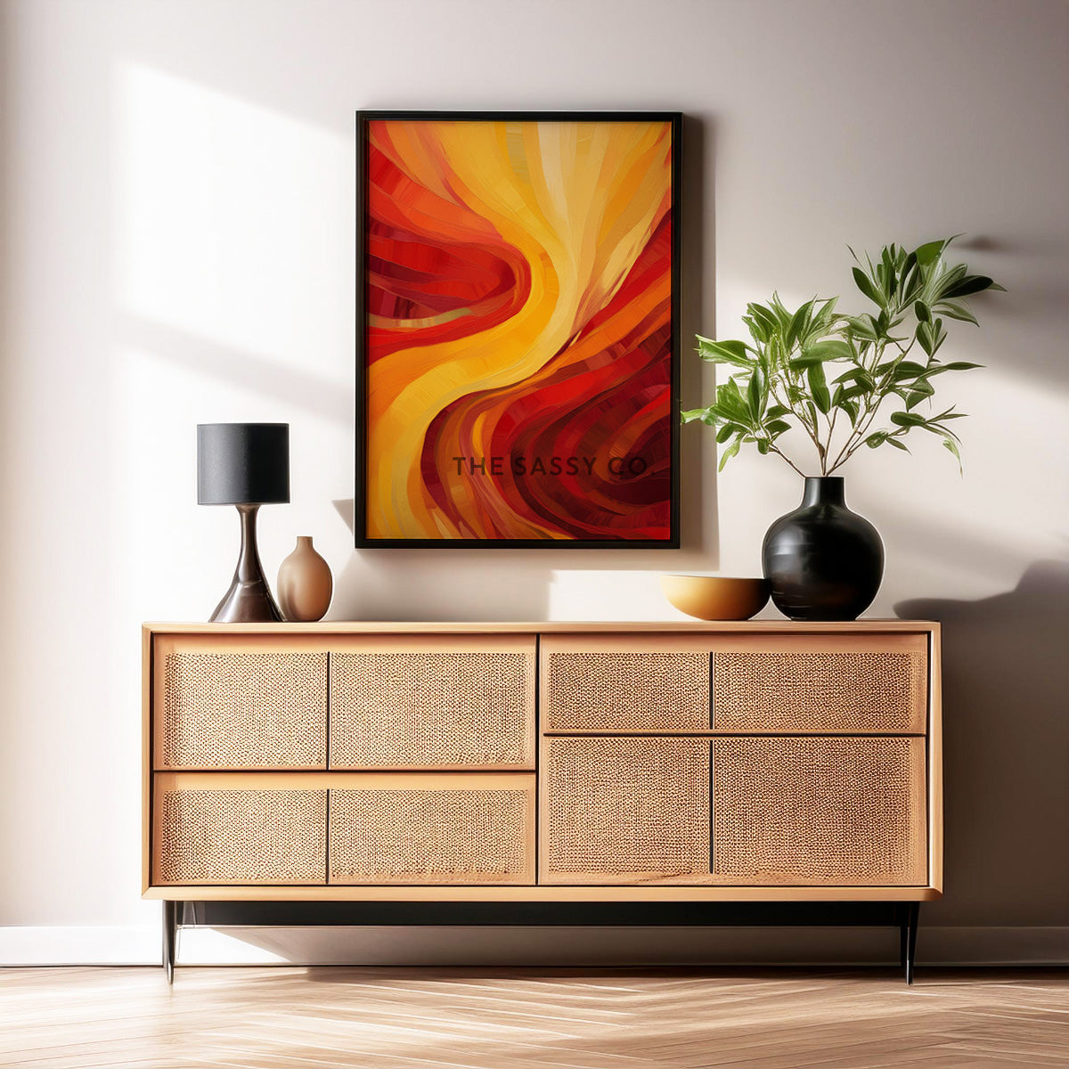 Nature, fire element inspired red and yellow abstract wall art painting, canvas print, framed print for home decor, living room, bedroom wall.