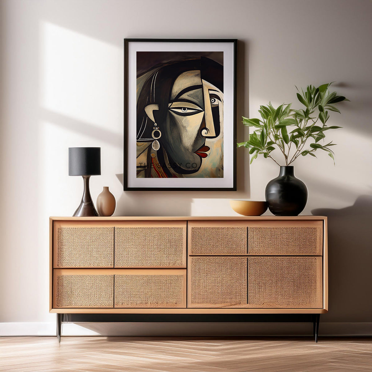 Black and grey color, Picasso style modern abstract Indian woman canvas wall art painting, framed art prints for modern living room, home wall art decor.